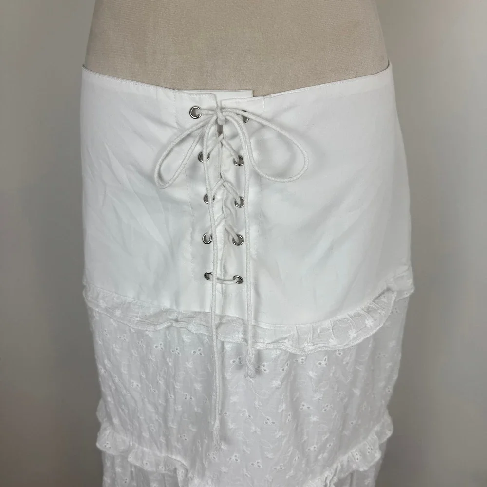 Over Kleshas White Eyelet Lace Up Tiered Boho Maxi Skirt Cottagecore Size Large